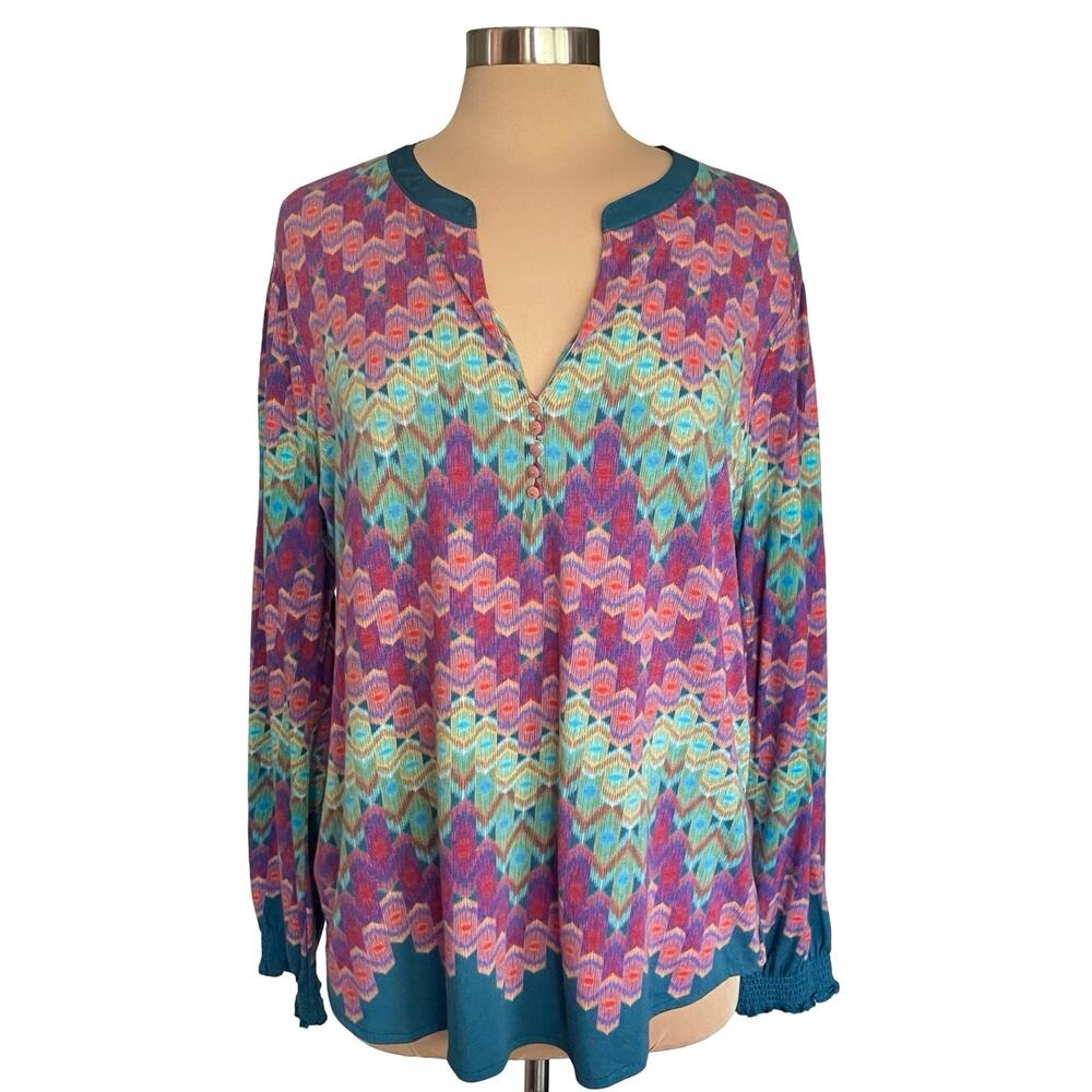 Robert Graham Womens Size XL  Popover Top Geometric Print Split V-neck Smocking